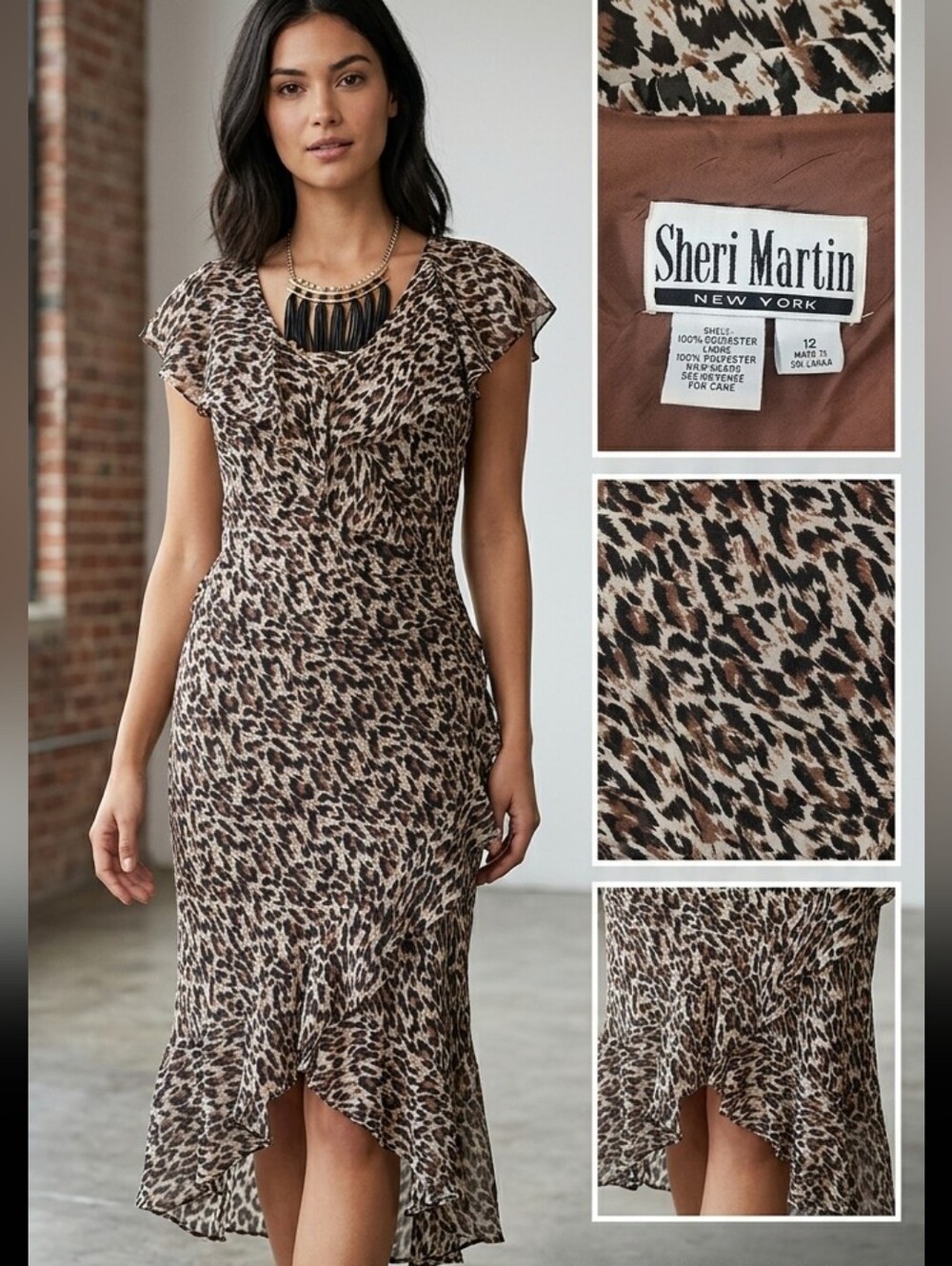 VTG Sheri Martin NY Chiffon Leopard Print Ruffle Asymmetrical Dress Sz 12 Boho